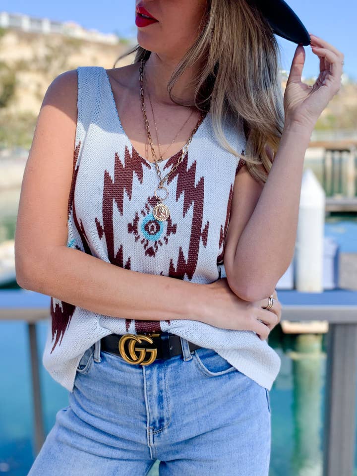 Multi Aztec Print Sleeveless V-Neck Knit Cami Tank Top for wholesale by AMOLI