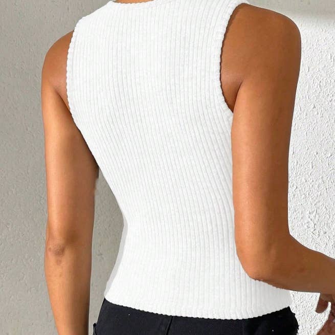 white Buttoned rib knit round neck tank sleeveless fitted top for wholesale on Faire1
