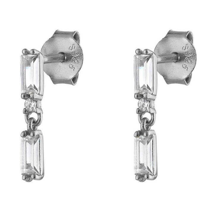 Double Baguette Pave Sterling Silver Stud Earrings for wholesale by Jewelry Bar