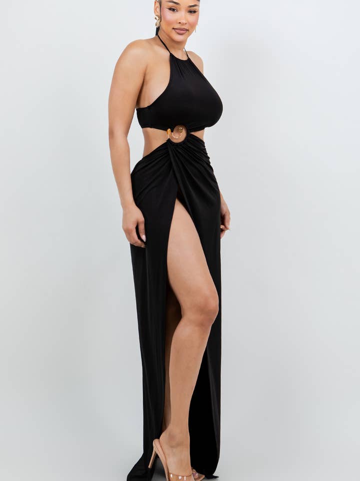ONE SIDE OPEN CUT OUT WITH TRIM DETAIL MAXI DRESS for wholesale by Belita Collection