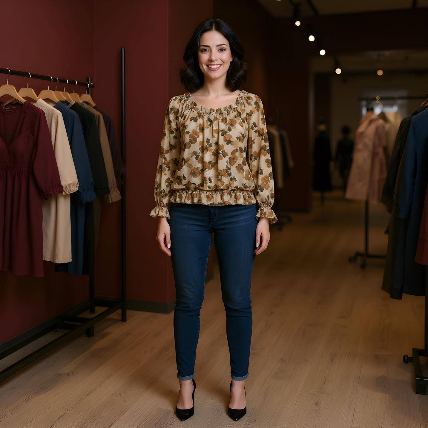 Kurt Muller - Venta al por mayor Blusa - Mujer - Blusa Bardot con volante de hojas en contraste0