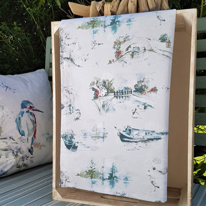 Tea Towel, Canal Scene, Narrowboats & English Countryside for wholesale by Aqua by Design