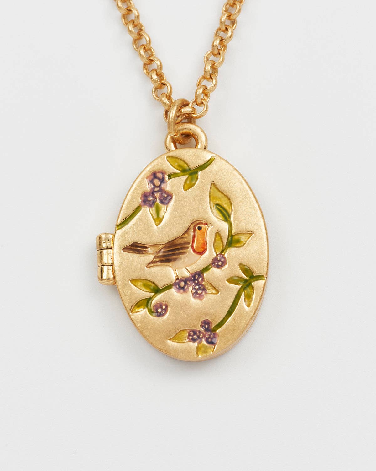 Fable England - Wholesale Locket Necklace - EU ONLY Robin & Blackberry Gold Oval Locket Necklace2
