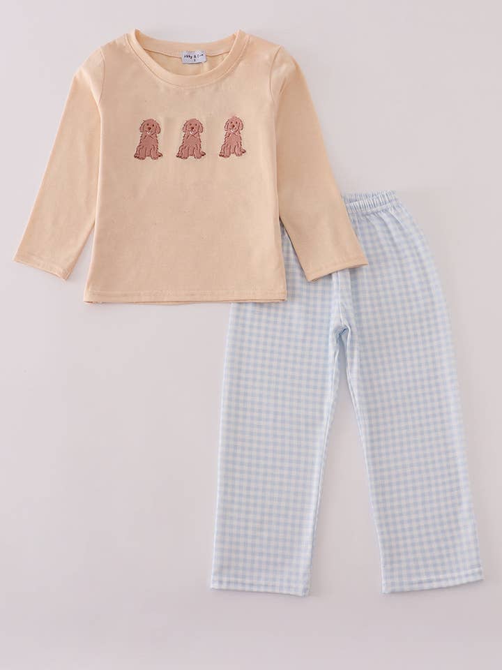Cream puppy embroidery pants set for wholesale by Mom & Co.