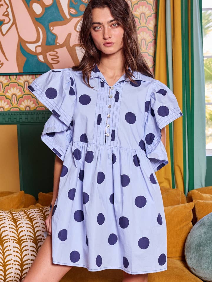 BUCKETLIST - Wholesale Dress - Women's - ID4283 Ruffle Sleeve Pintuck Detail Polka Dot Mini Dress