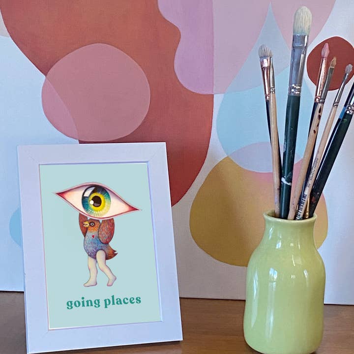 Isabelle Bryer Art - Wholesale Gewone wenskaart - Op Reis Kaart – Surrealistisch Vogelwezen met Oog, 5"x7"