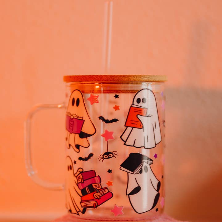 Sip-Sip Hooray! - Wholesale Drinking Glass/Cup - Ghosts and Books 17oz Glass Mug With Lid and Straw1