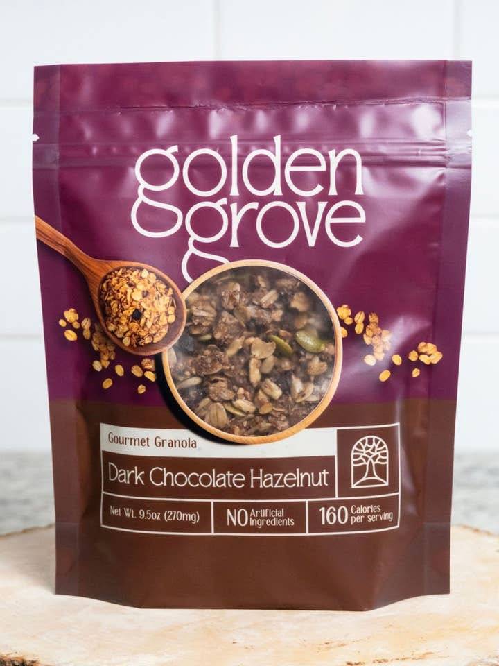 Dark Chocolate Hazelnut Granola 9.5 oz for wholesale by Golden Grove Granola