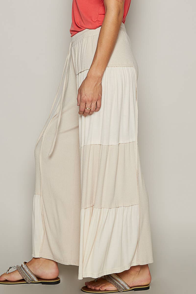 Pol Clothing - Wholesale Pants - Women's - Ribbed contrast fabric panels casual knit wide fit pants1