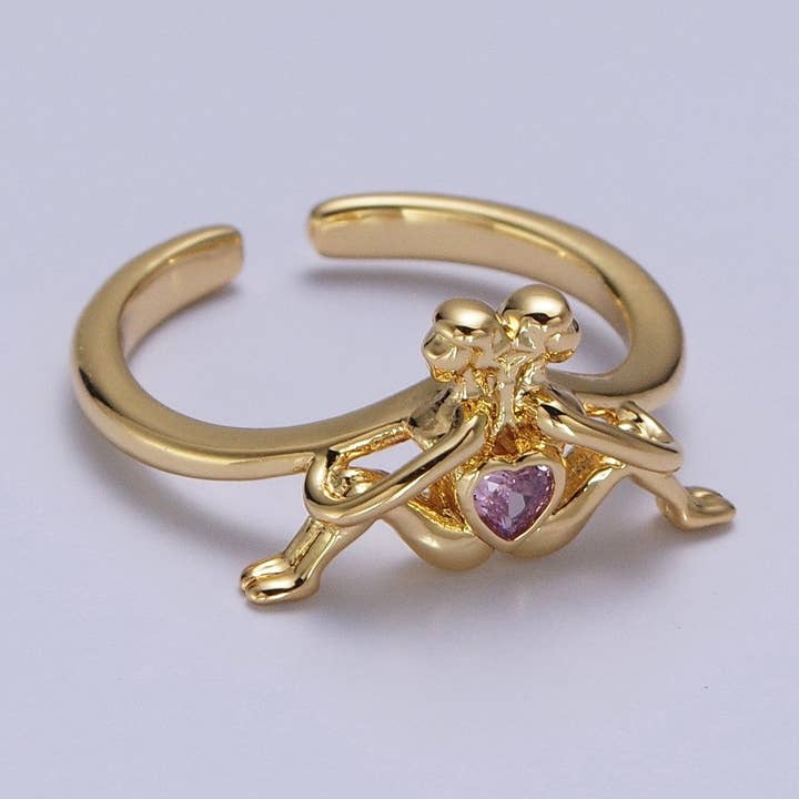 Gold Greek Myth of Soulmates, Lesbian Couple with Pink Heart Cubic Zirconia Between Adjustable Ring | X615 for wholesale by Aim Eternal