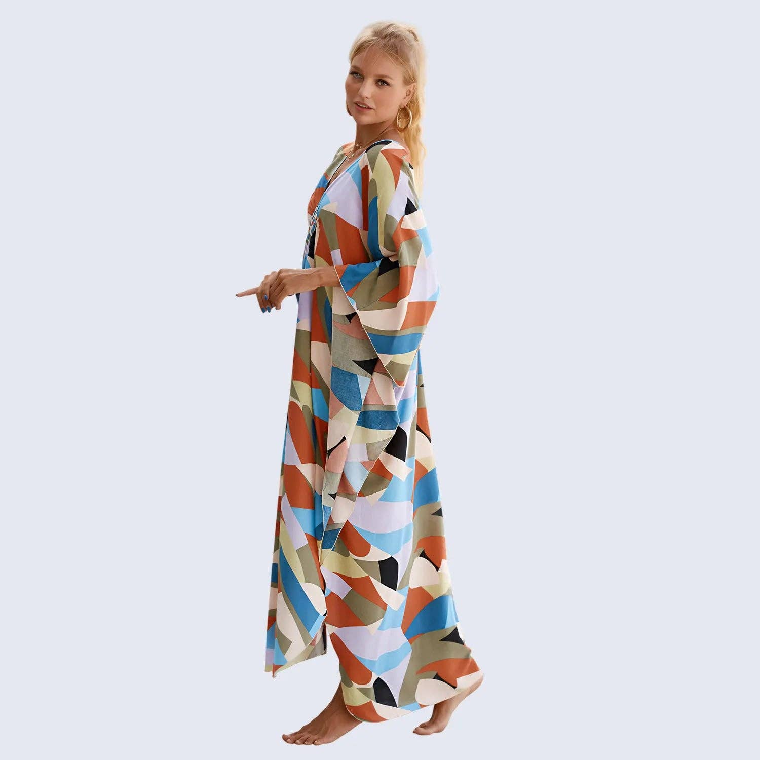 Muqeem & Brothers – Engroshandel Kaftan - Dame – Kaftan Sommerkjoler, Flettet V-hals - Hvid Palme, S-3XL6