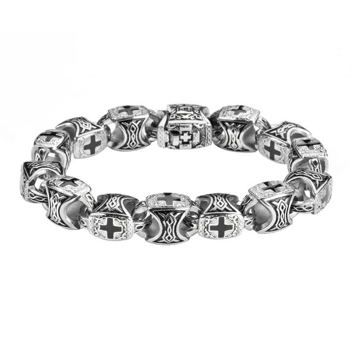 SK1715 Bracciale da uomo con croce greca in acciaio inossidabile, gioiello religioso per la vendita all'ingrosso da parte di Heavy Metal Jewelry