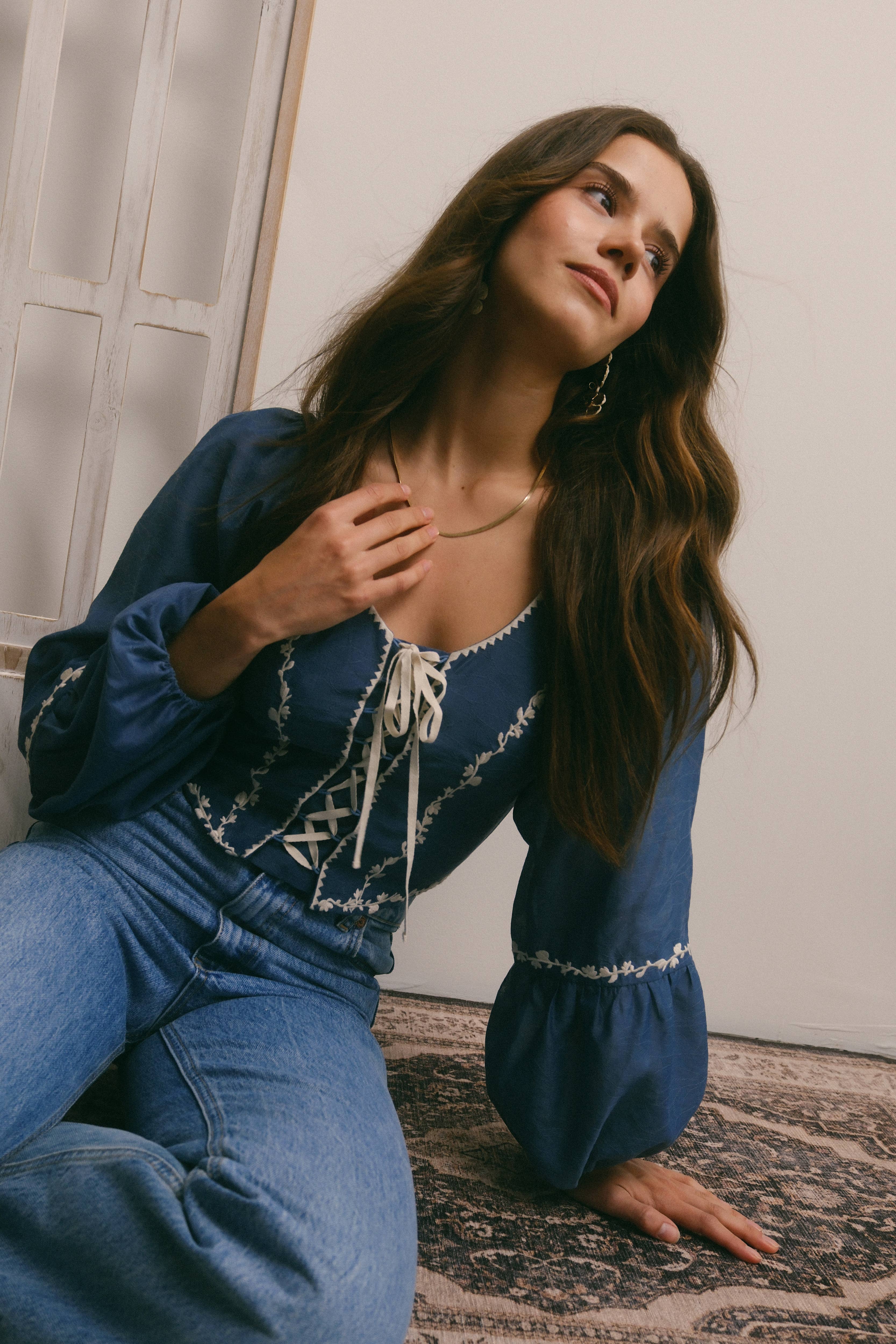 Forte - Wholesale Blouse - Women's - Lace-Up Embroidered Puff Sleeve Top FT0007 13