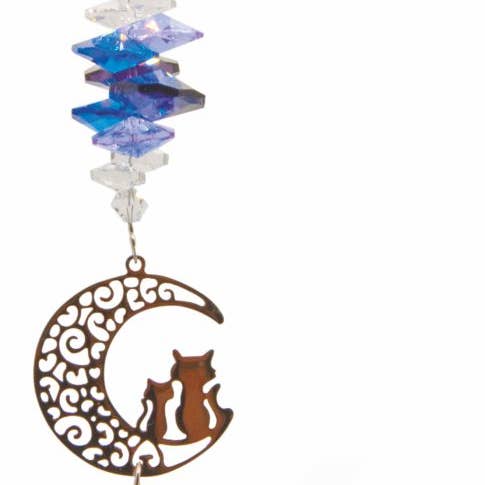 Österreichischer Kristall-Sonnenfänger, facettenreich mit Katze und Kätzchen im Mond mit violettem Herz für den Großhandel von Byzantium Collection Ltd
