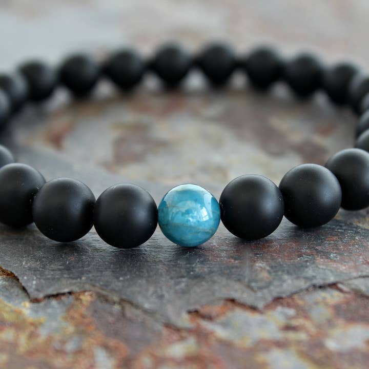 AAA Blue Apatite & Matte Black Onyx Mens Bracelet for wholesale by ManAndStone