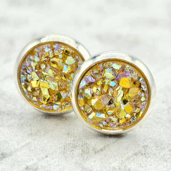 Druzy Stud Earrings (Handmade 8mm)- Sunflower Yellow for wholesale by The Sparkle Shop