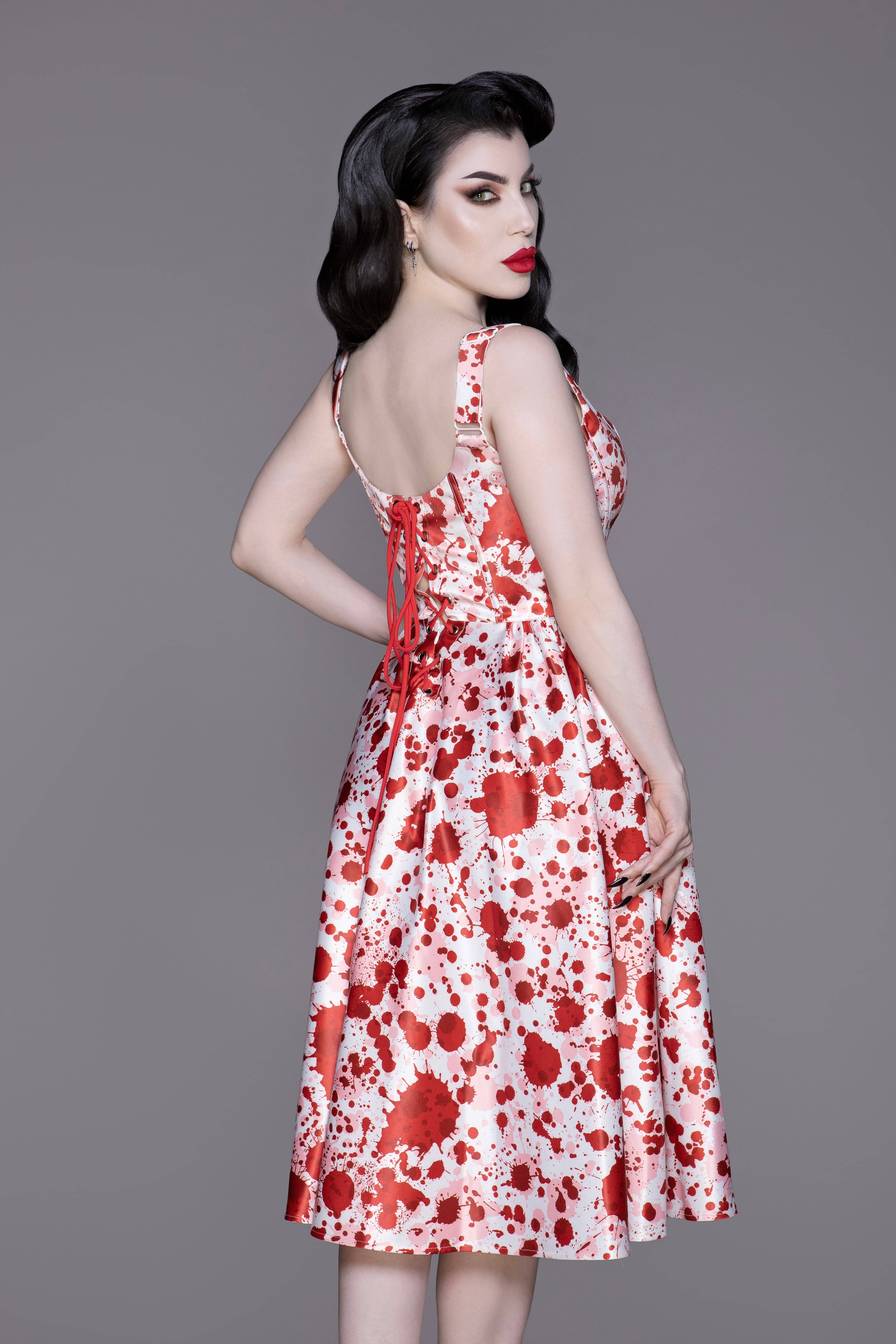 Weasel Wear - Venta al por mayor Vestido - Mujer - Vestido de Vampiro con Cordones - Vestido de Satén con Salpicaduras de Sangre, Cuerpo con Varillas y Espalda con Cordones (Edición Gothabilly)1