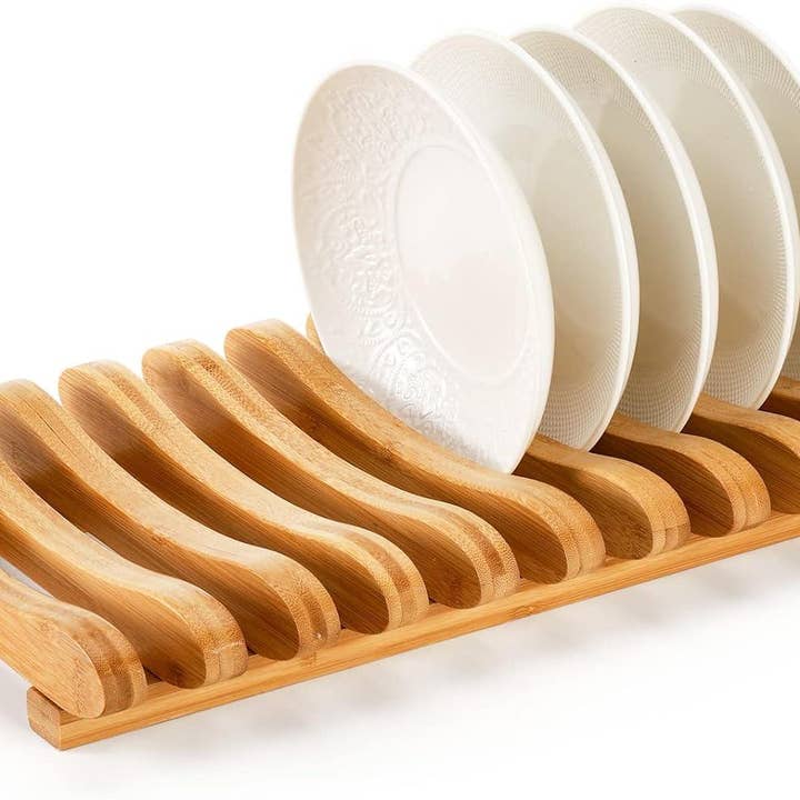 Bamboo Dish Drying Rack, 10 Slots Bamboo Cabinet Plate Stand for wholesale by VIGOR