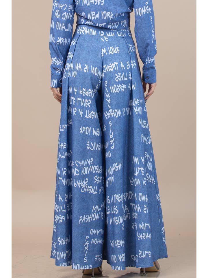 Blue P919-5174-Milano Graffiti Print Wide Leg Palazzo Pants for wholesale on Faire