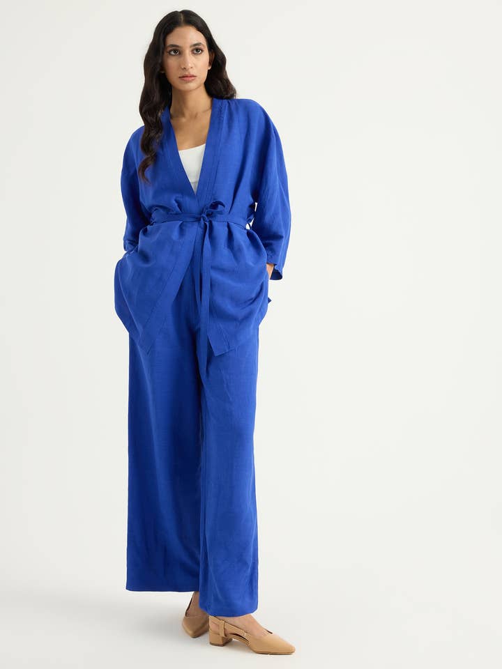 Conjunto de Kimono e Calças Azul por atacado de Store WF