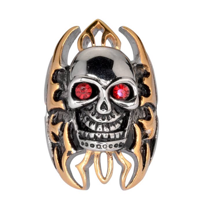 SK1078 Skull Flames Gold Tone Ring 1 1/2 „Høj efterligning Rubt øjne Rustfrit stål Motorcykel smykker Størrelse 9-15 for engroshandel hos Heavy Metal Jewelry