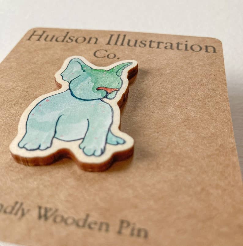Hudson Illustration Co - About Town Co - Wholesale Lapel Pin/Button - French Bulldog Wooden Pin or Magnet - Sustainable Eco2