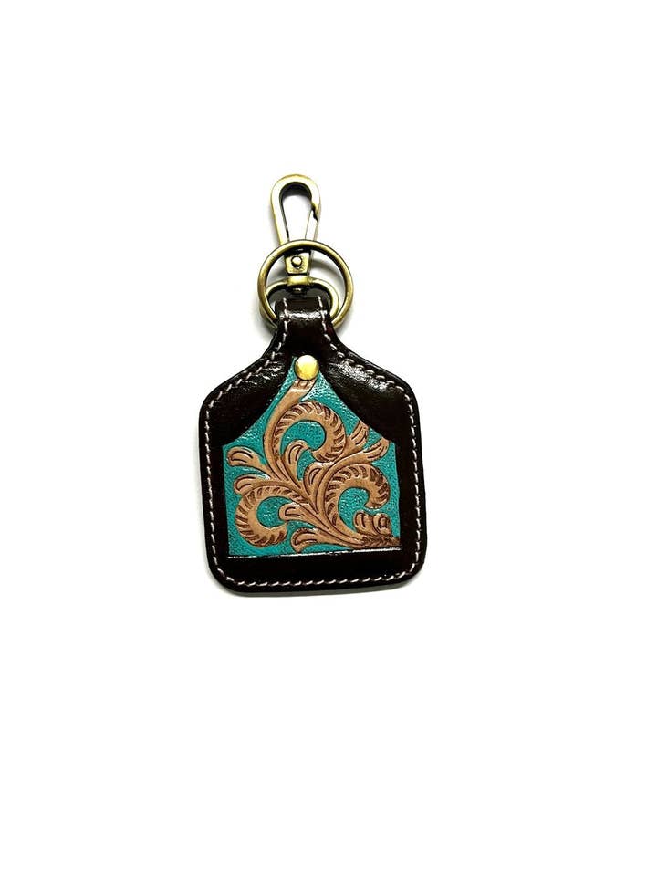 WESTERN PRINT GENUINE LEATHER CATTLE TAG KEYCHAIN for wholesale by Snowing West