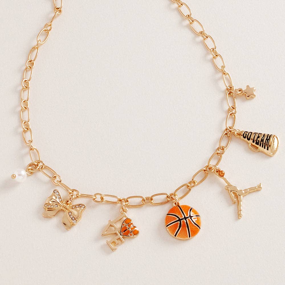 Gold Orange Basketball Bow Pearl Charm Necklace for wholesale on Faire0