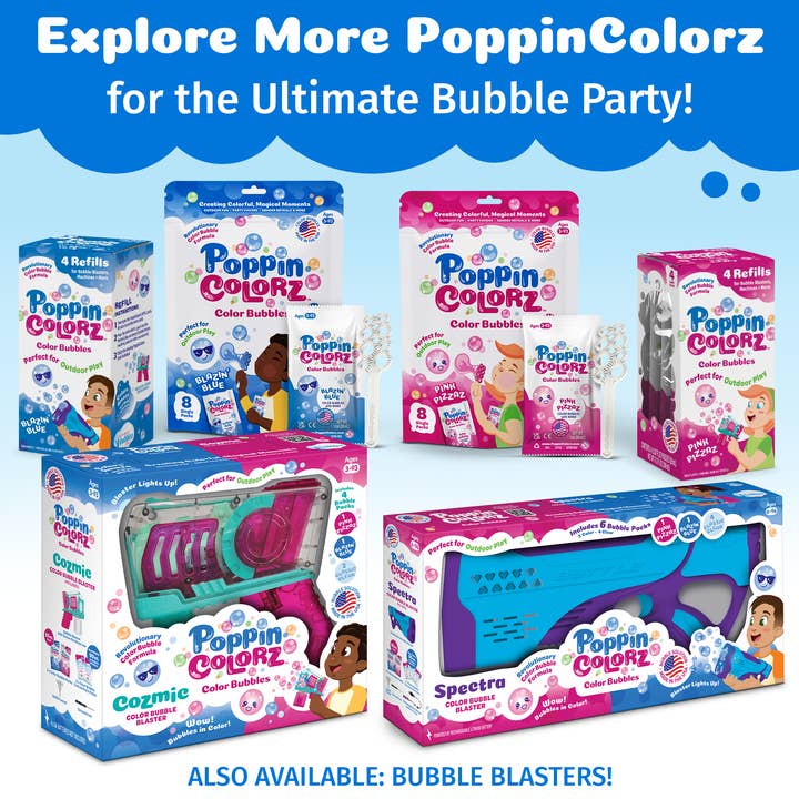 South Beach Bubbles - Wholesale Bubble Wand - Kids - PoppinColorz Blazin' Blue Color Bubbles-8 Party Favors(Case)