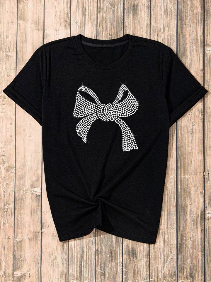 Black Rhinestone Bowknot Graphic Crewneck T Shirt for wholesale on Faire2