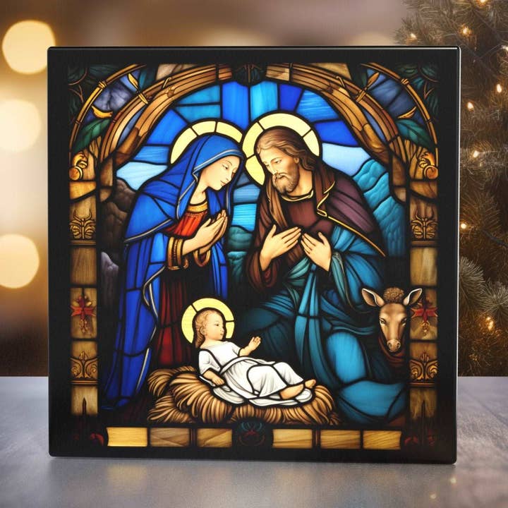 Divine Nativity Scene - Stained Glass Style Art Tile for Spiritual Home Decor for wholesale by Peeping Tom's Cottage