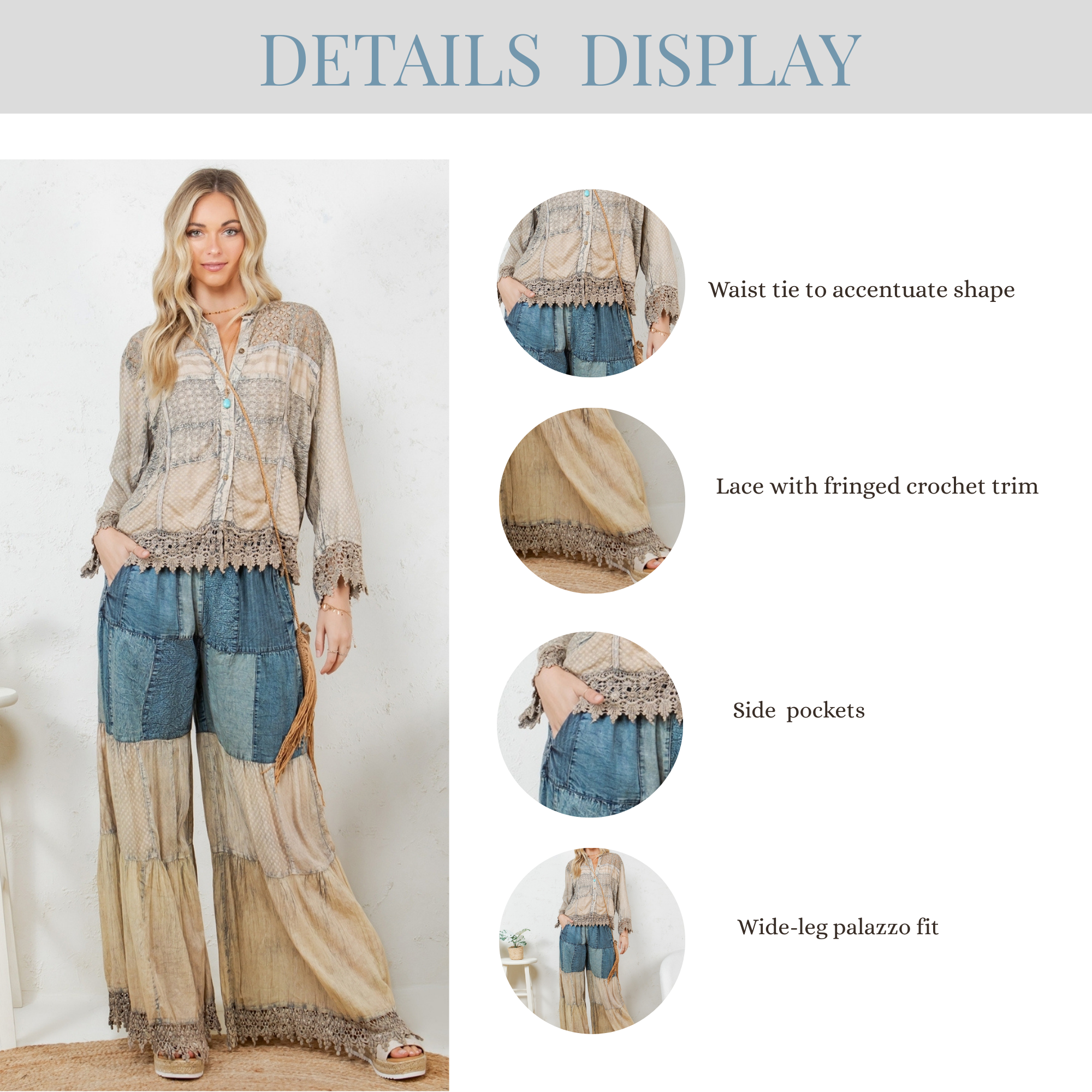 Young Threads - Vendita all'ingrosso Pantalone - Donna - Pantaloni lunghi in denim ispirati al boho con toppa solida (nuovo colore)21