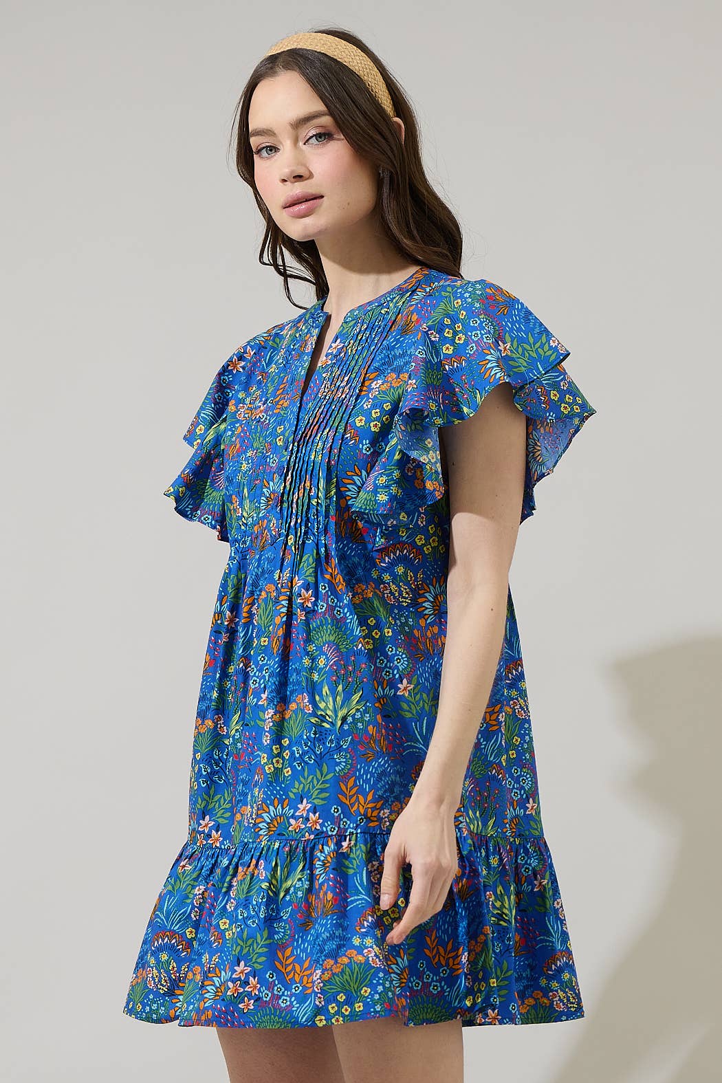 COBALT COMBO Ruya Floral Lizzy Pleated Ruffle Mini Dress for wholesale on Faire2