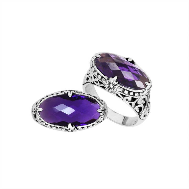 AR-6164-AM Sterling Silver Oval Faceted Amethyst Quartz Ring – Handcrafted in Bali for wholesale by Bali Designs