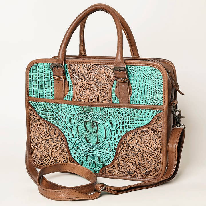 ADBG1183 American Darling Turquoise Crocdile Embossed & Hand Tooled Leather Briefcase Tote for wholesale by LS Western