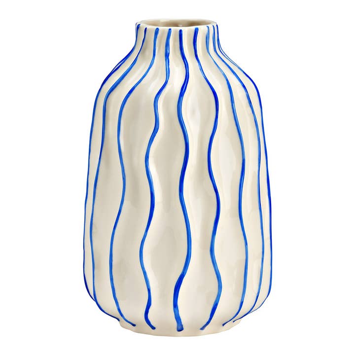 Wurm - Vendita all'ingrosso Vasi - Vaso a righe in ceramica, Bianco/Blu (L/A/P) 13x21x13cm