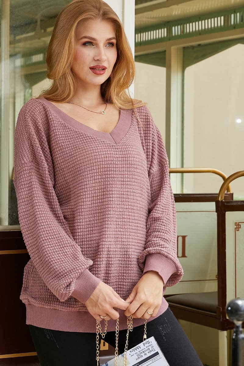 Lily Clothing - Wholesale Knit Top - Women's - PURE WHITE V NECK LONG SLEEVED SHIRT_CWTSTL7072