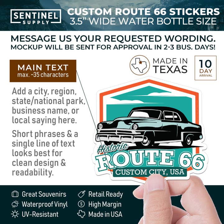 Sentinel Supply - Wholesale Sticker - Custom Route 66 Stickers - Name Drop Vintage Car Decals1