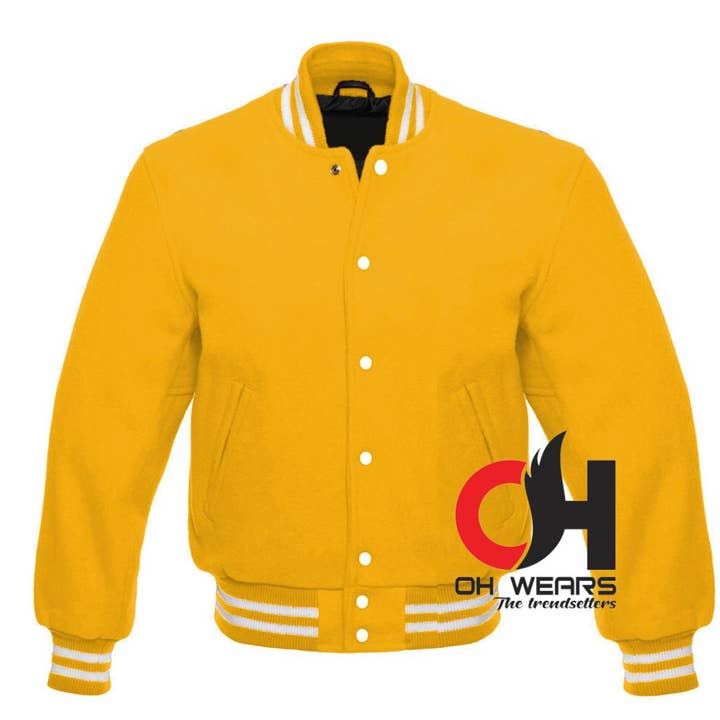 Gul helblandad ull varsity/letterman collegejacka för wholesale av OH Wears