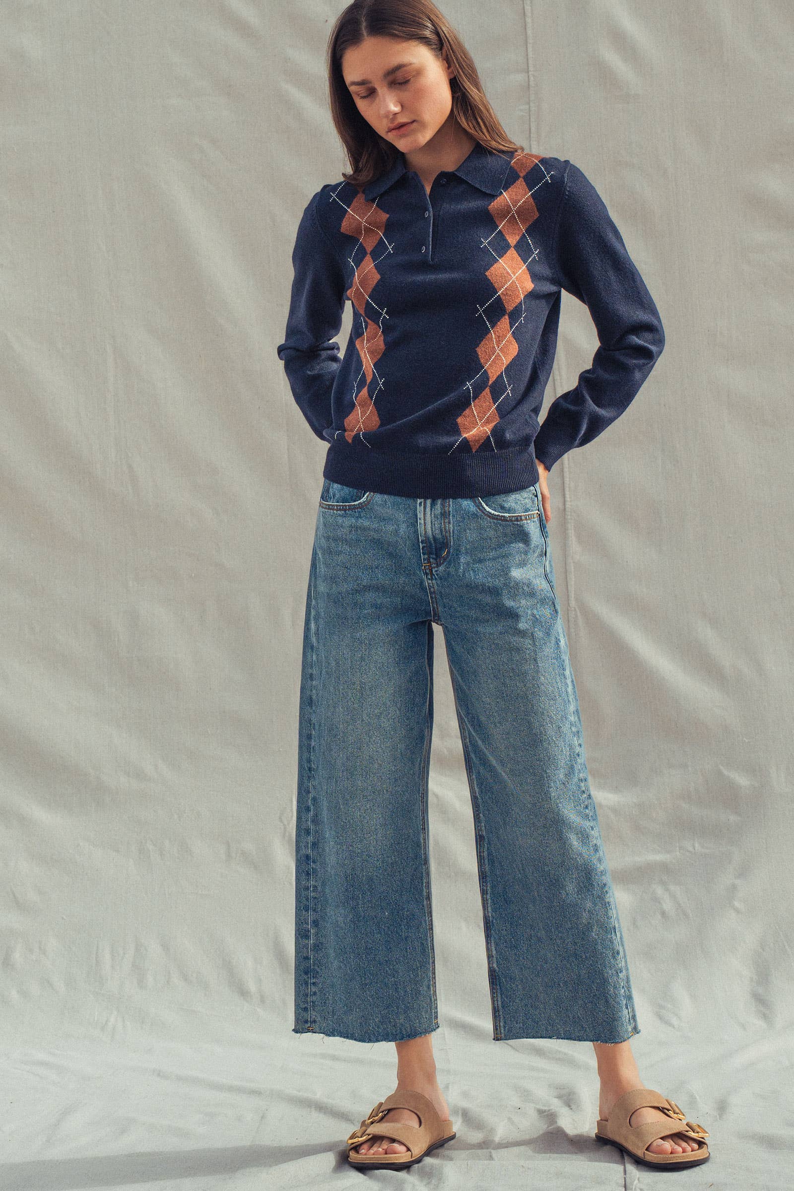 Urban Daizy - Vente Pull en maille – femme - Pull Polo Tricoté à Motif Argyle Classique9