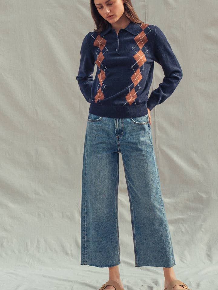 Urban Daizy - Vente Pull en maille – femme - Pull Polo Tricoté à Motif Argyle Classique9