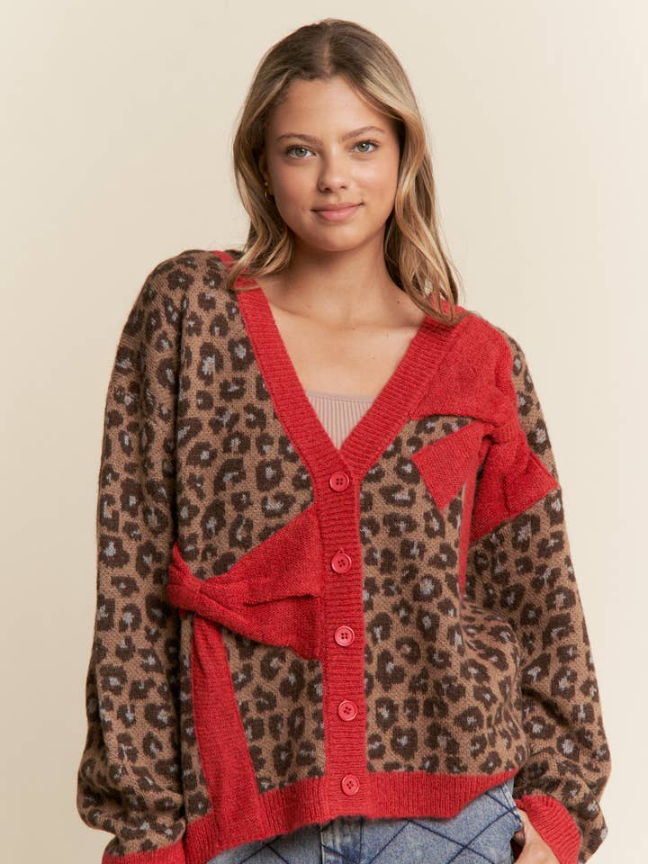 Cheetah Print Red Bow Cardigan for wholesale by J.NNA