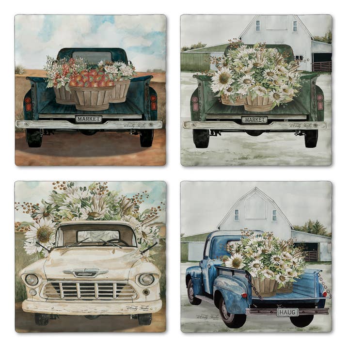 "Farming Trucks" 4 Pack Assorted Image Coaster Set for wholesale by CounterArt/Highland Home/Thirstystone