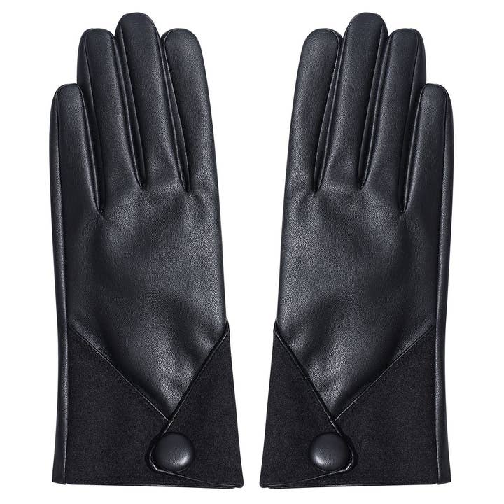 Black - Faux Leather Gloves with botton for wholesale by Shine Mark Accessories