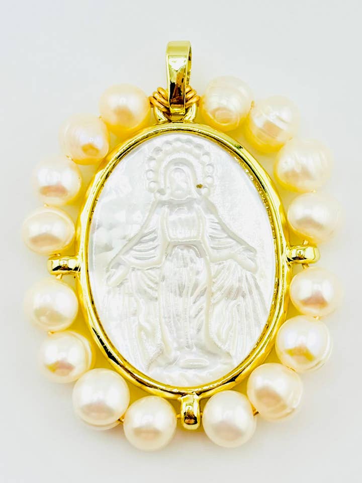 Virgin Mary fresh water pearls 18k gold filled in mother of pearl pendant for wholesale by Bella Blu Designs