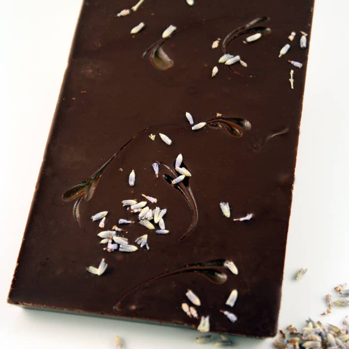 Lavender Orange Chocolate Bar for wholesale by Decadence Chocolates Inc