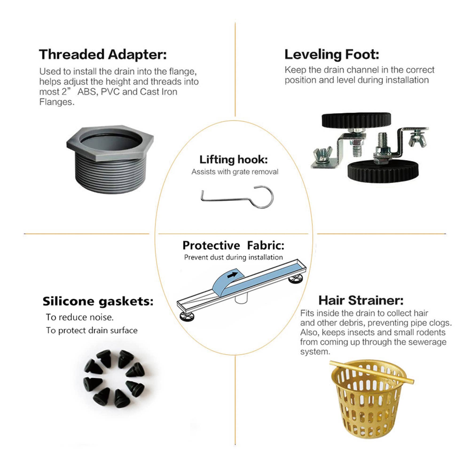 inQbrands - Wholesale Bathroom Accessory Set - 24 in. Stainless Steel Linear Shower Drain, Stripe Pattern3