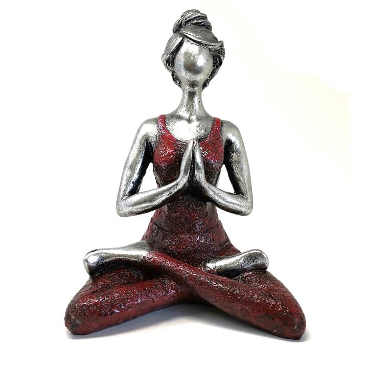 Ancient Wisdom - Vente Figurine décorative - Figurine Yoga Lady, argent et bordeaux, 24 cm