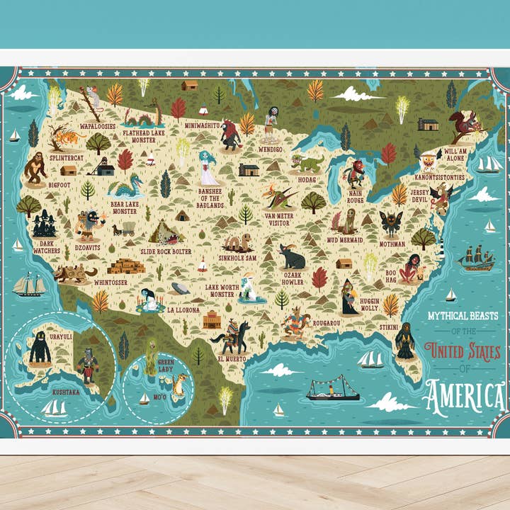 Bestias Míticas de EE. UU. - Impresión de Arte A3 - Mapa Ilustrado para venta al por mayor de Púca Printhouse
