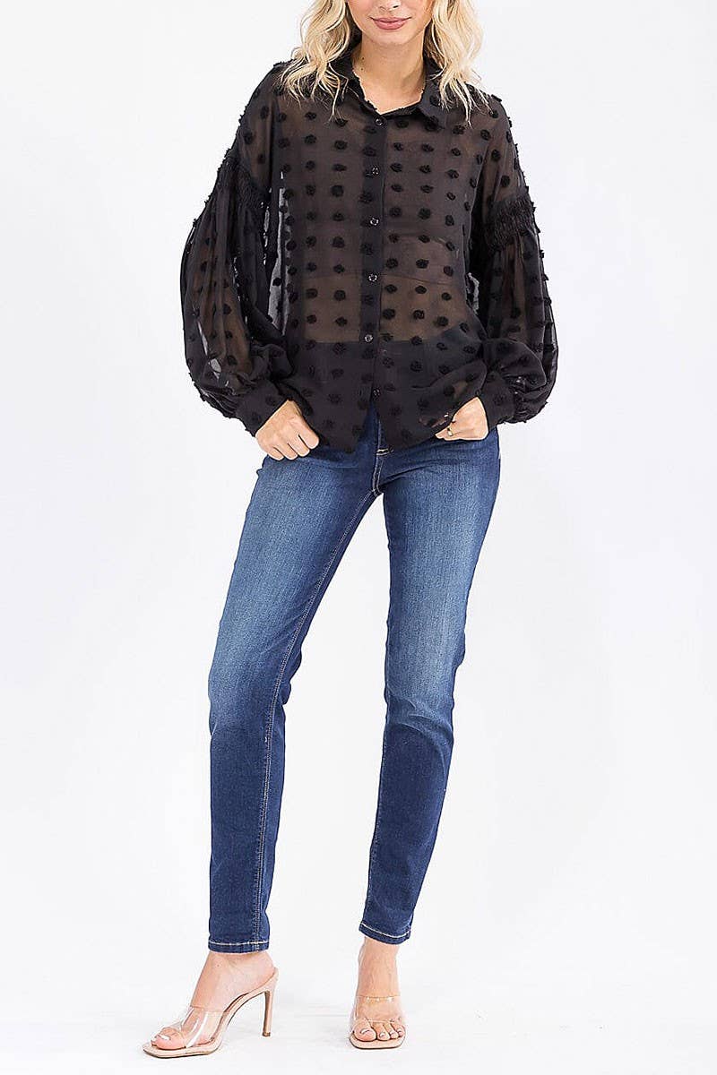 ROUSSEAU - Vente Chemise à col boutonné – femme - CHEMISIER À MANCHES LONGUES AVEC BOUTONS ET DÉTAILS À POIS SUISSES2